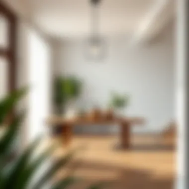 Modern entryway showcasing a minimalist long table with plants