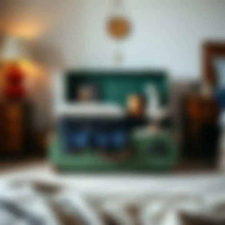 A beautifully arranged suitcase serving as a decorative storage solution in a bedroom.