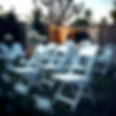 Outdoor setting showcasing white fold-up chairs at a garden party.