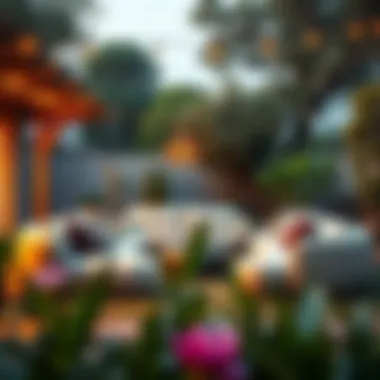 Cozy backyard setup featuring unique shaped couches