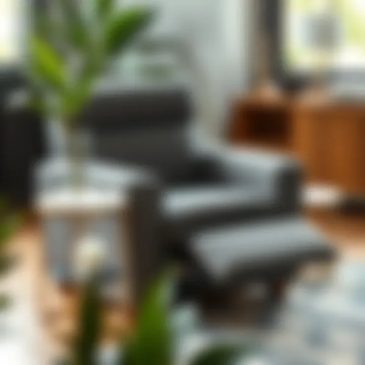 Gray Recliner with Chic Side Table Stylish small gray recliner paired with a chic side table