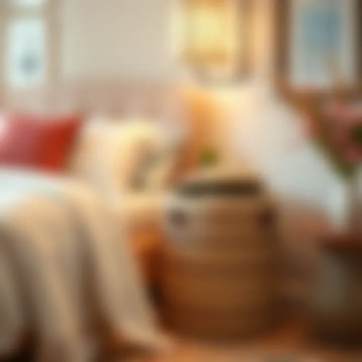 Decorative straw hamper placed in a cozy bedroom corner