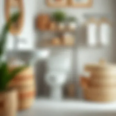 Straw hampers with lids used for organized storage in a tidy bathroom