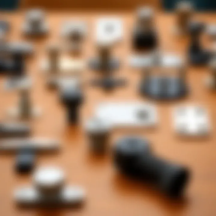 Different types of adjustable table top hardware displayed in an organized manner