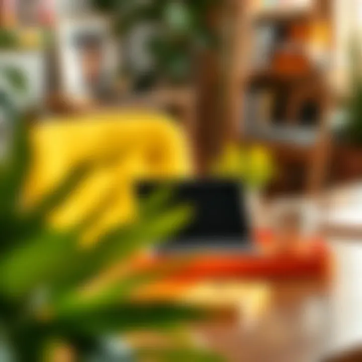 A vibrant home office setup with a colorful lap tray