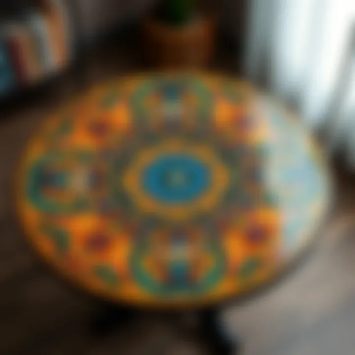 Vibrant colored ceramic round table top with artistic designs