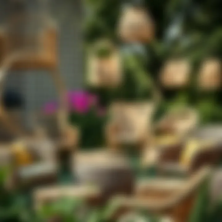 Variety of wicker outdoor chairs in a serene garden setting