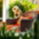 Stylish wicker outdoor chair with vibrant cushions