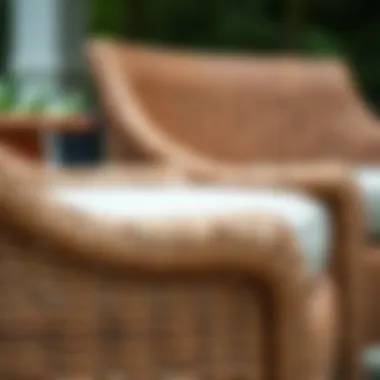Close-up view of the intricate wicker weaving on patio club chairs