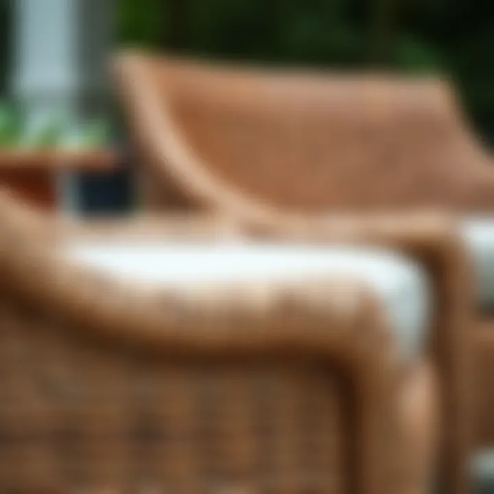 Close-up view of the intricate wicker weaving on patio club chairs